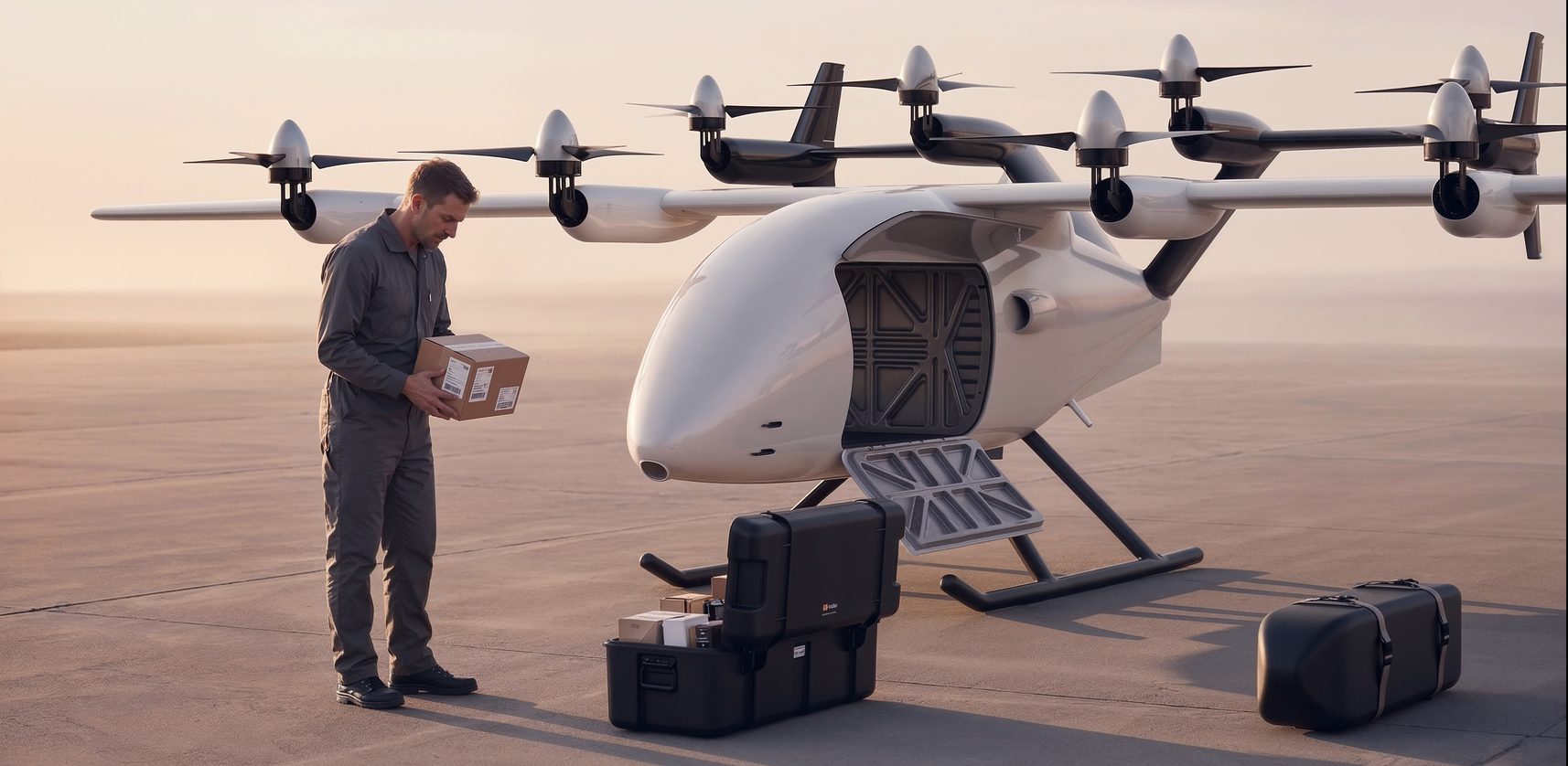 Render of the uncrewed cargo aircraft on an apron at sunset, its side cargo bay open with the ramp down, a technician in coveralls holding a parcel, an open transport case beside him and the detached belly pod on the ground to the right.