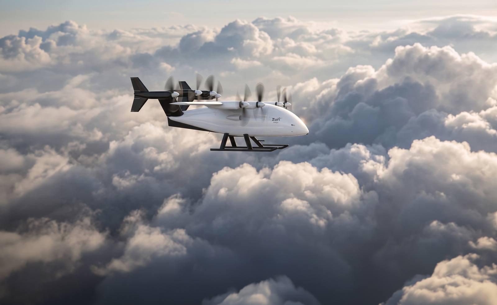 The uncrewed cargo aircraft in wing-borne cruise above a cloud deck, a render