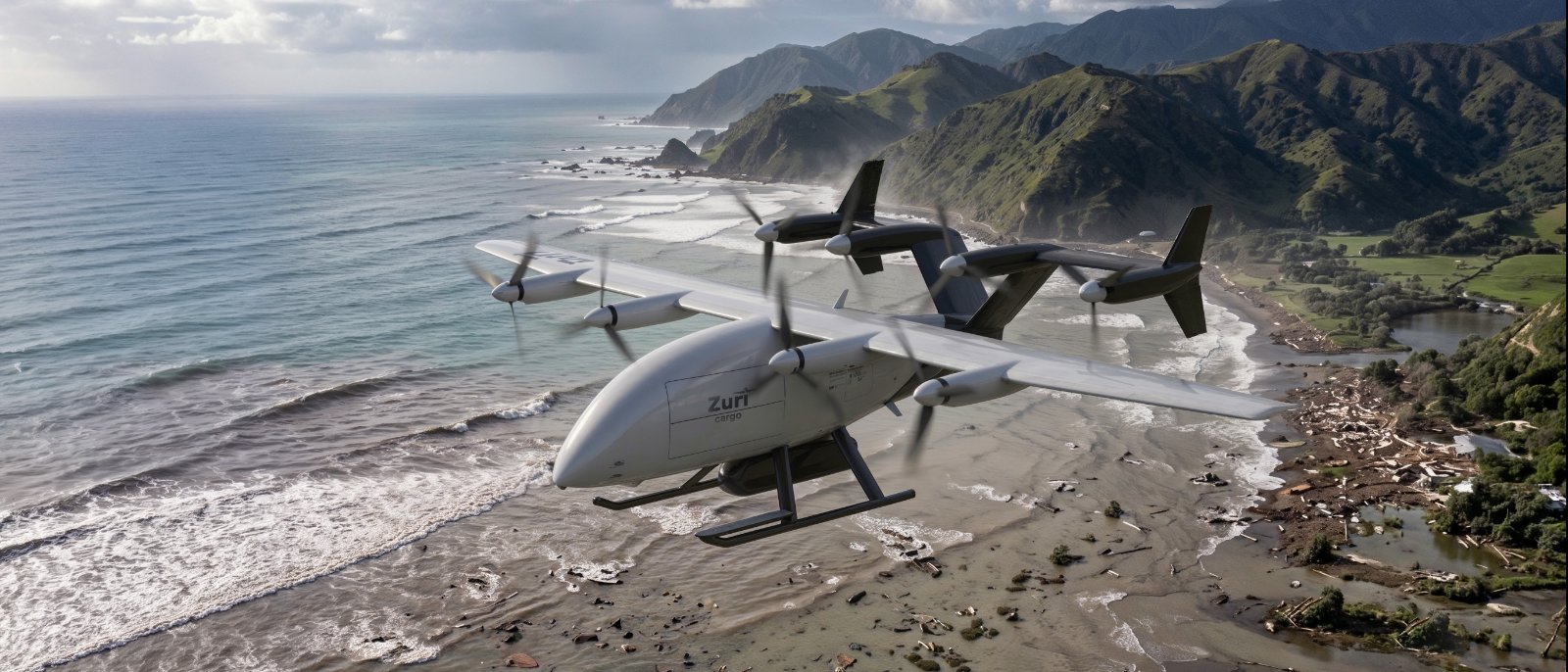 The uncrewed cargo aircraft in low cruise along a storm-damaged coastline, debris across the beach and a rescue boat in the surf below, a render