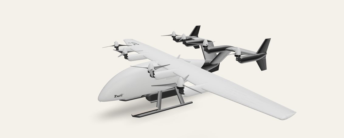 The uncrewed cargo aircraft on its ground handling frame, three-quarter front view, 3D model