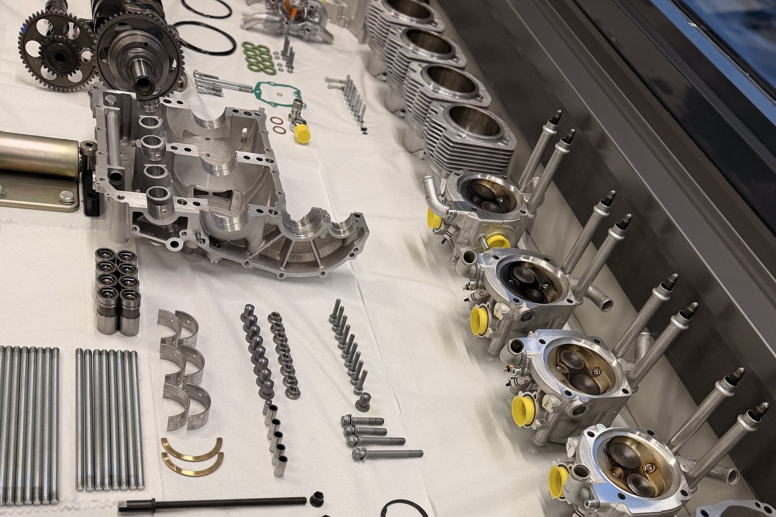 Disassembled Rotax 912 ULS engine parts laid out for rebuild at EdgePerformance