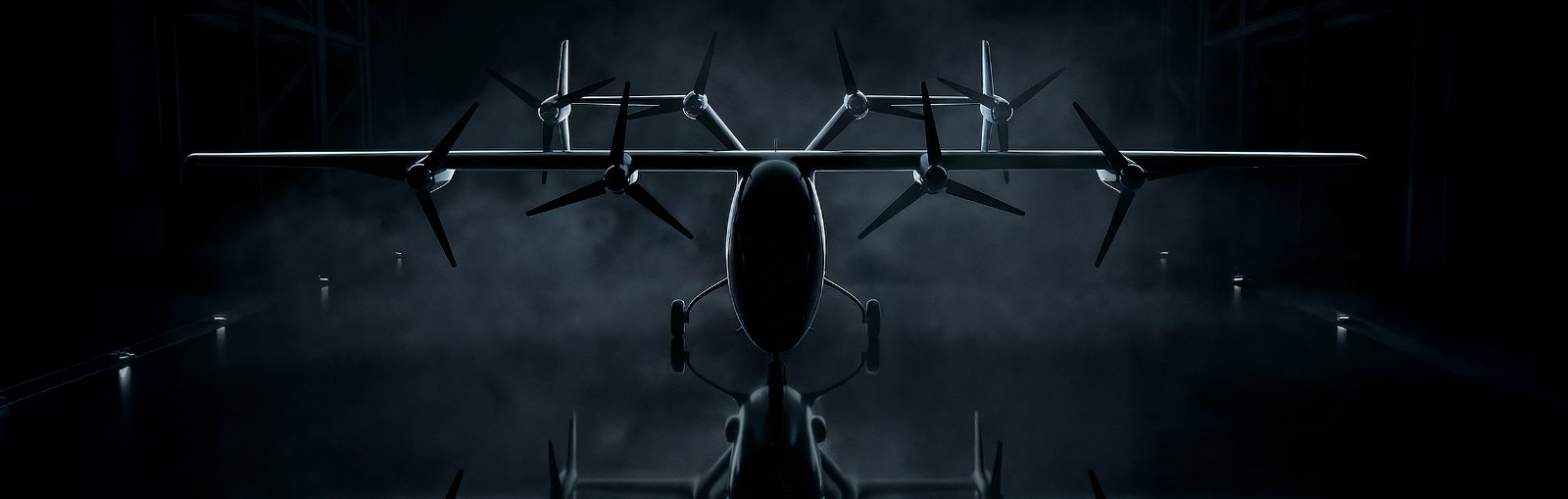 TD 2.0 head-on in a darkened hangar, wing and eight tilting rotors lit from below through haze, a render
