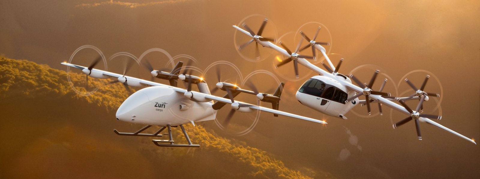 The uncrewed cargo aircraft and the six-seater flying in formation above wooded hills in low golden light, a render