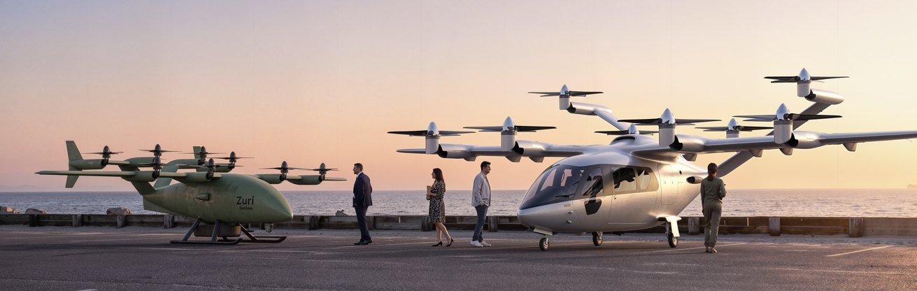 Render of the Zuri aircraft family on a coastal quay at sunset: the olive uncrewed cargo aircraft at left, the white six-seat passenger aircraft at right with three people walking towards it and a fourth standing by its nose, the open sea behind.