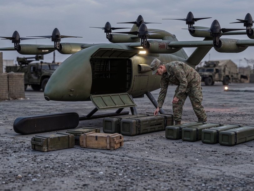 Zuri uncrewed cargo aircraft in olive livery at an austere forward site at dusk, cargo bay open, ammunition and supply crates on the ground beside it, a render