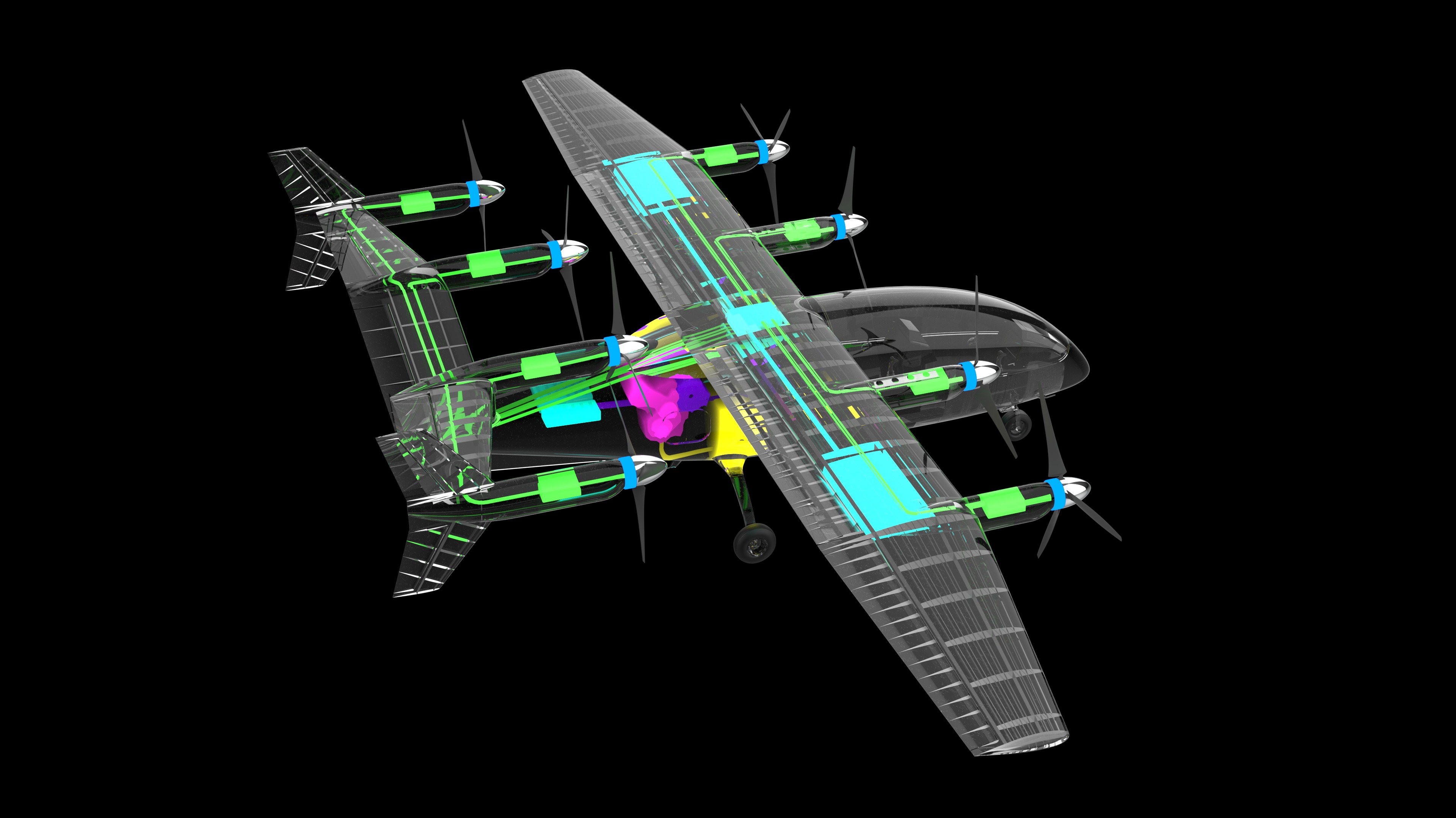X-ray render of the Zuri hybrid powertrain: battery banks in green, the engine and generator assembly in magenta, and the electric motors at each rotor