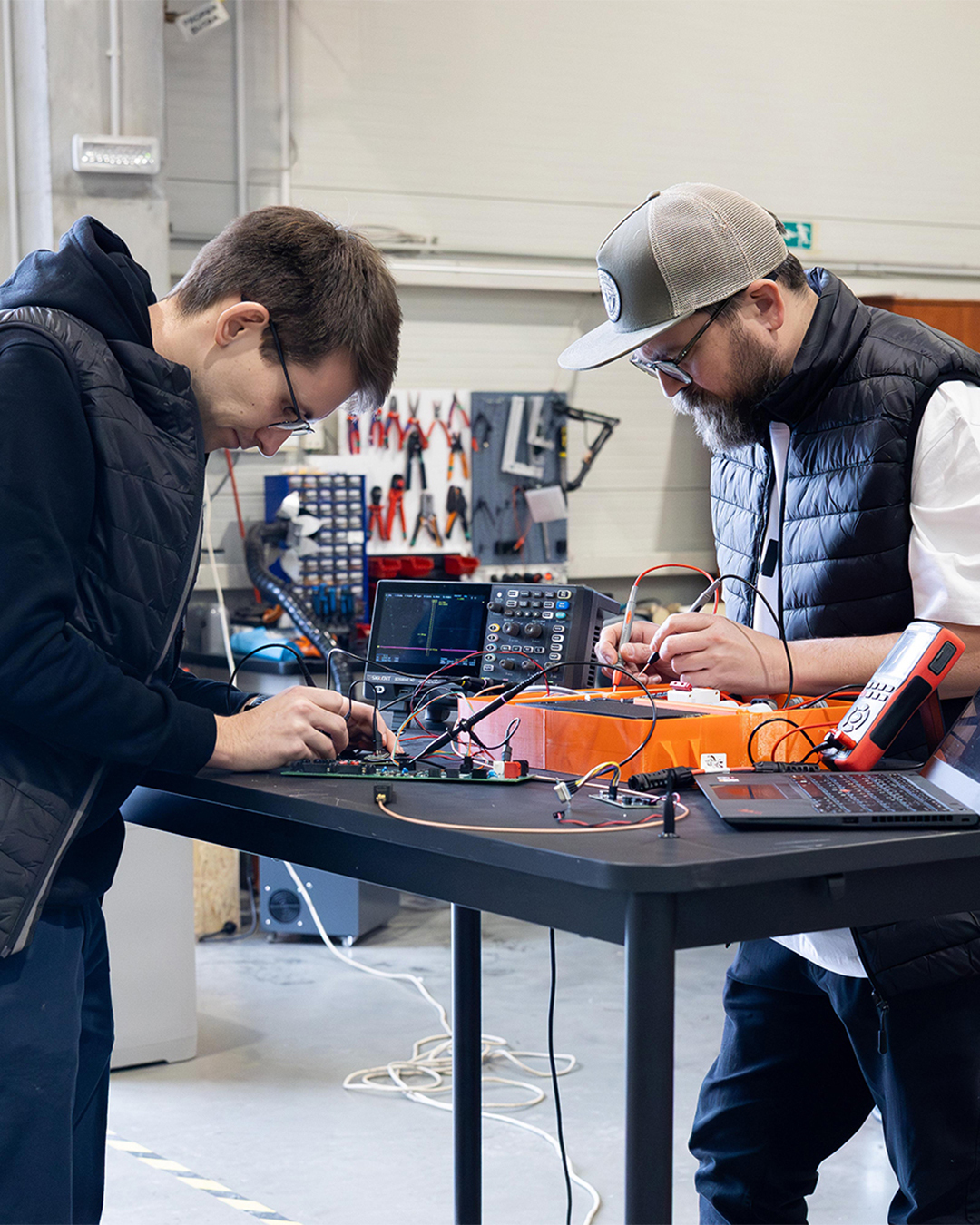 Power electronics under test on the workbench in the Prague workshop