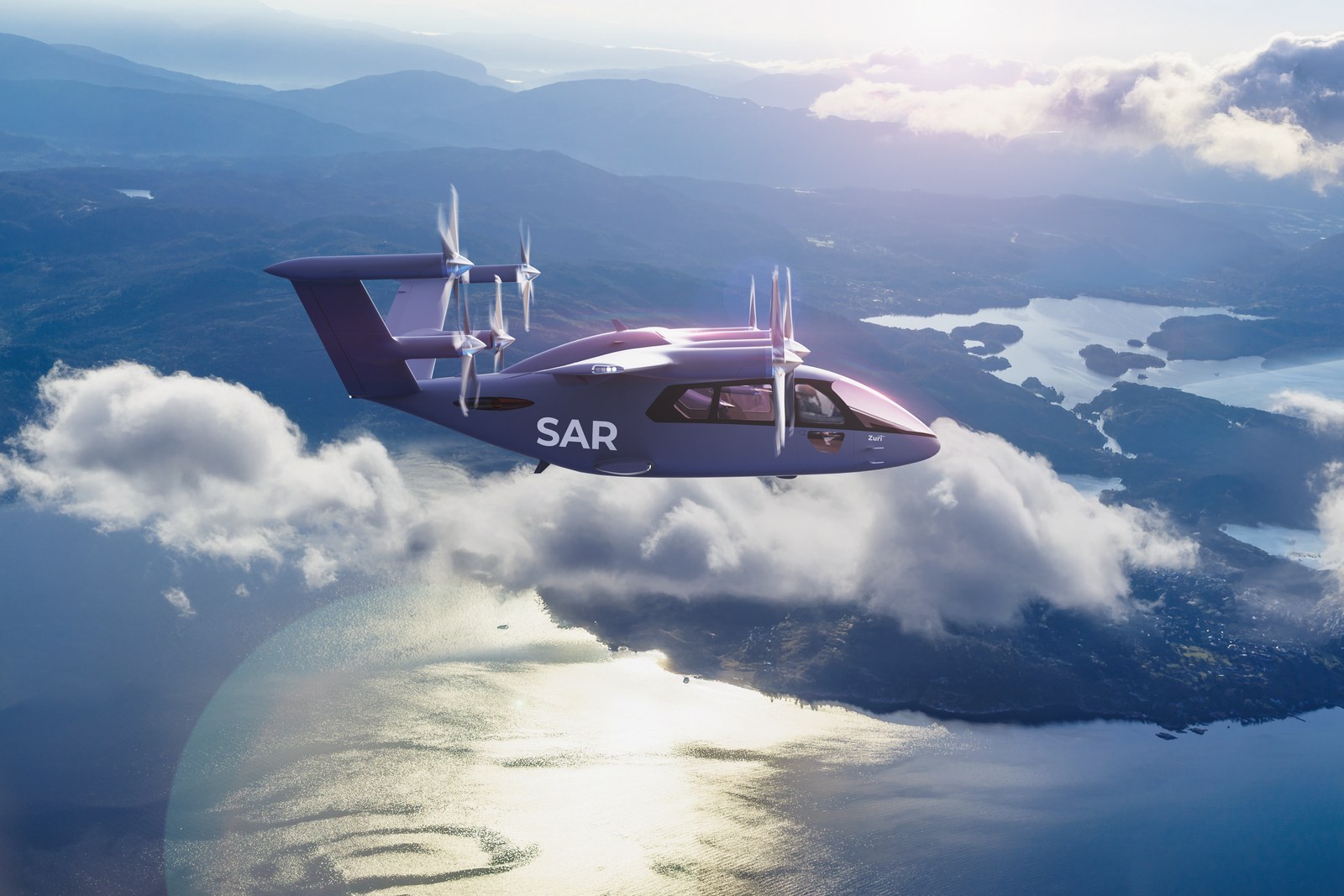 Render of a Zuri aircraft carrying search and rescue markings in cruise above cloud and coastline