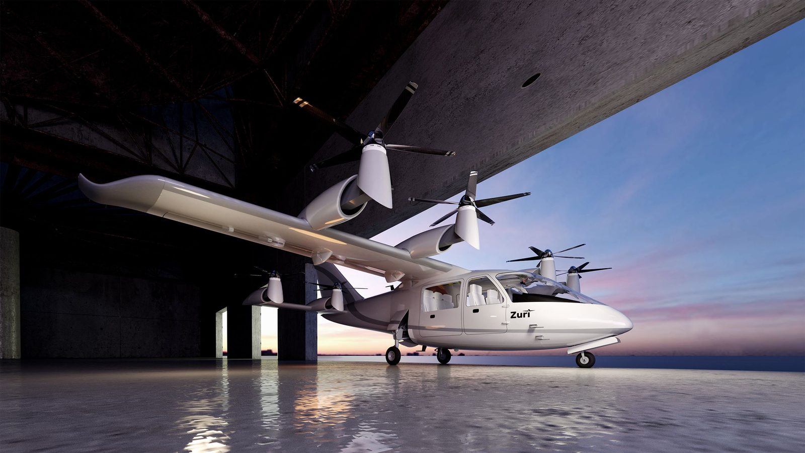 The Zuri 2.0 configuration in a hangar at sunset, a render