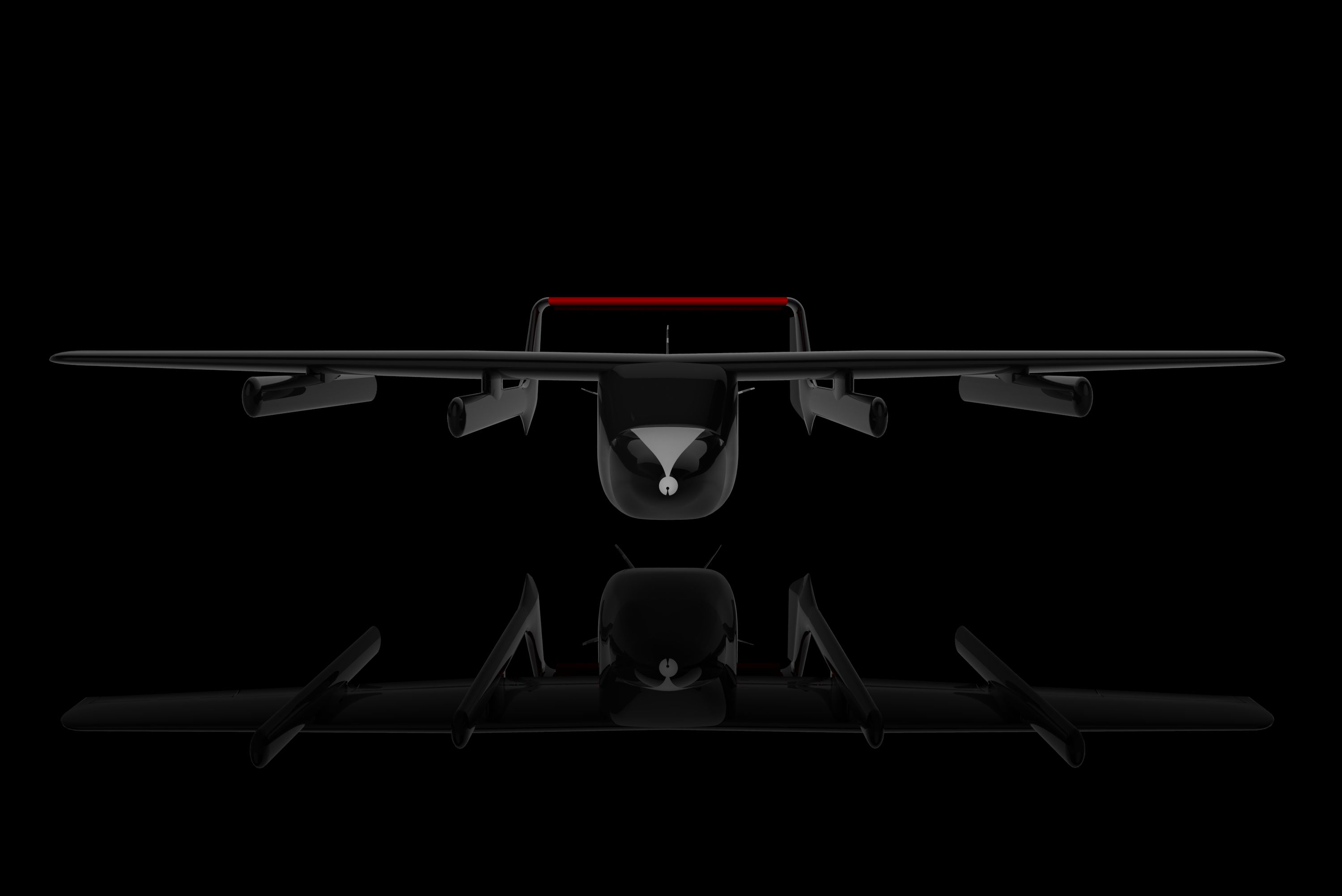 Front view of the experimental uncrewed aircraft in hover mode, a render