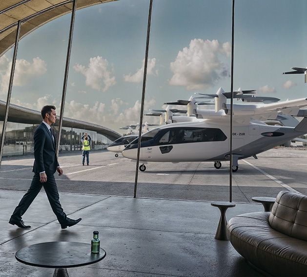 A traveler crossing the apron to the six-seat aircraft at a small terminal, a render