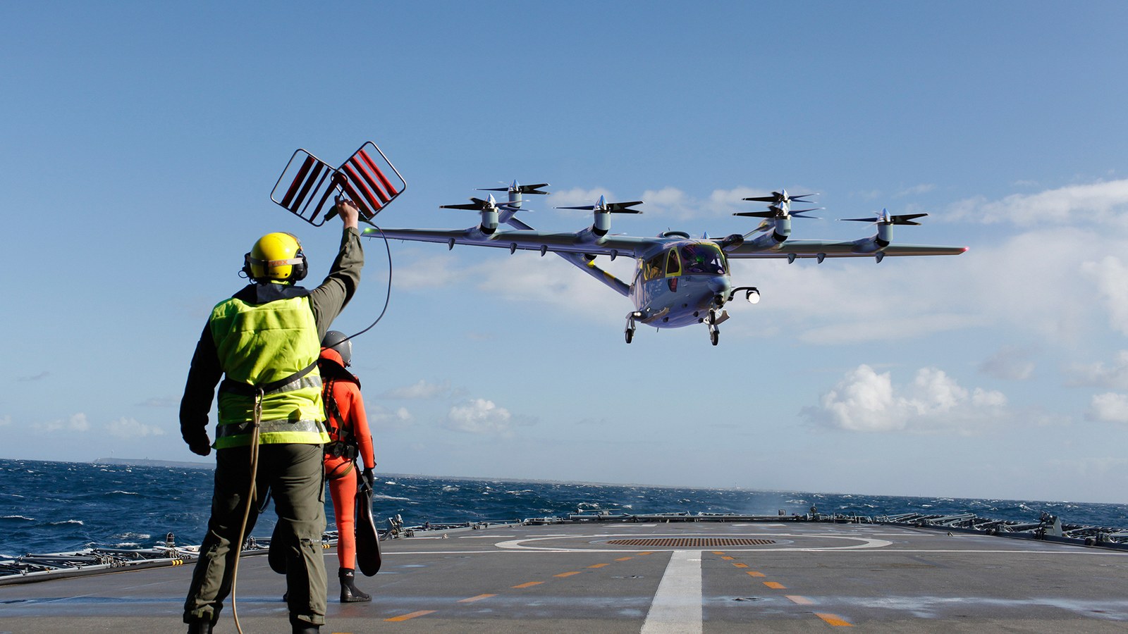 Deck crew guiding the aircraft onto a ship helideck at sea, a render