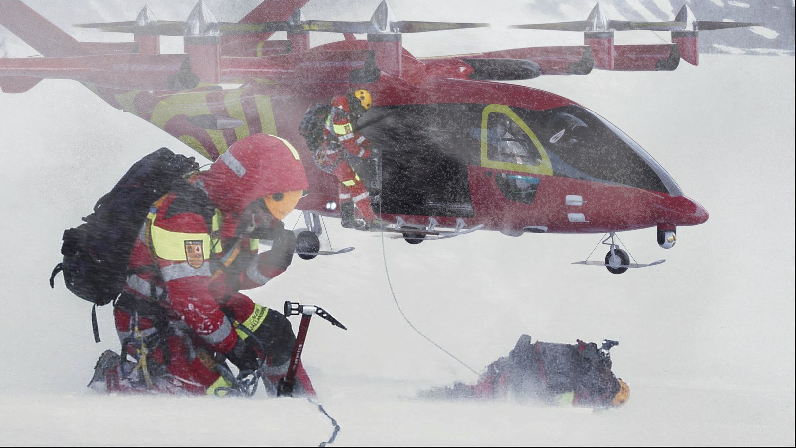 Render of a Zuri aircraft in rescue livery on snow, rescuers in helmets and high-visibility gear working beside it in blowing snow