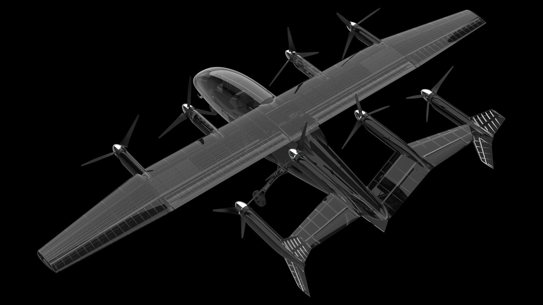 X-ray style render of the TD 2.0 airframe, showing its internal structure and eight tilting propulsion units