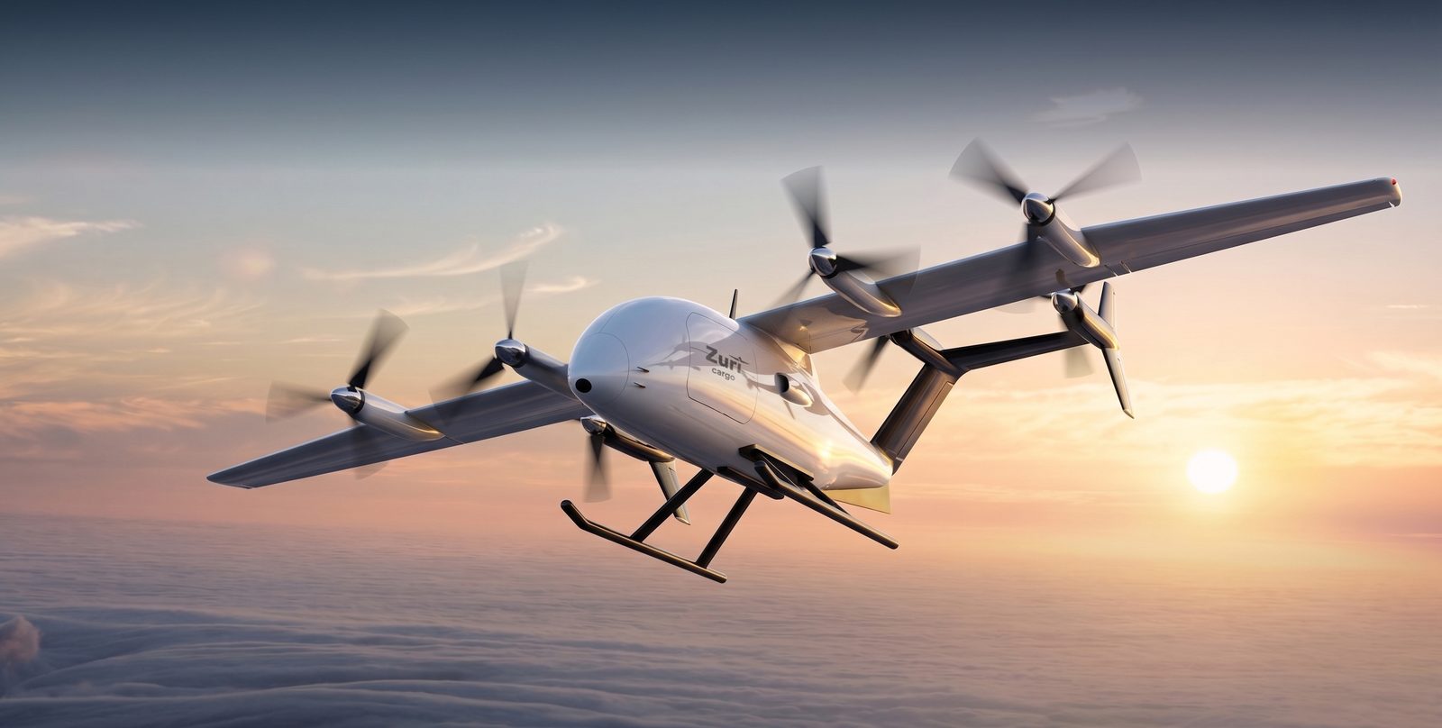 The uncrewed cargo aircraft in wing-borne cruise above a cloud deck at dawn, a render
