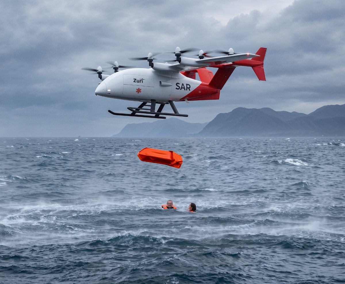 The Zuri uncrewed cargo aircraft in search-and-rescue livery hovering low over heavy seas, an inflatable life raft dropping to two people in the water below, headlands under a storm sky beyond, a render