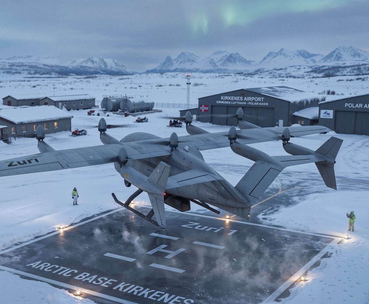 The Zuri uncrewed cargo aircraft lifting off from a snow-cleared pad at an Arctic airfield at dusk, ground crew standing clear, snow-covered buildings and mountains behind and the aurora overhead, a render