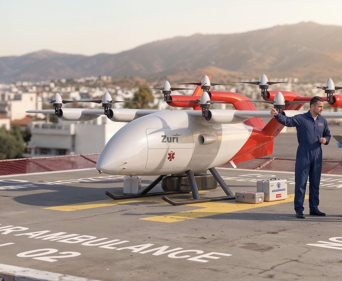The Zuri uncrewed cargo aircraft in medical livery on a hospital rooftop helipad, an operator in a flight suit beside it and two medical transport cases on the pad, a Mediterranean town and hills behind, a render