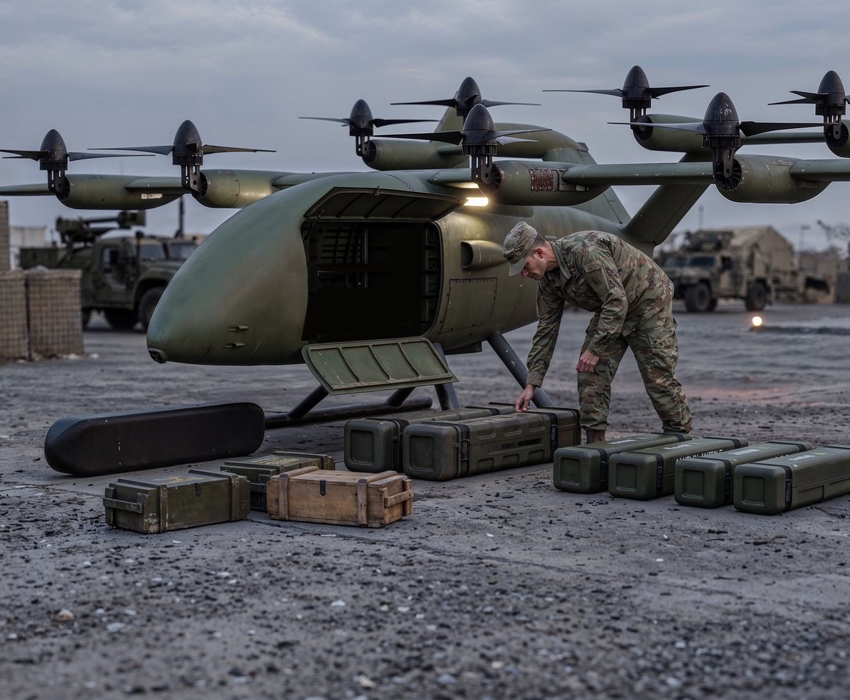 The Zuri uncrewed cargo aircraft in olive livery on the ground at a forward operating base at dusk, side cargo door open, a soldier checking a row of hard cases and crates staged beside it, a render