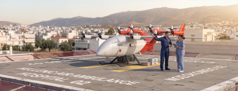 Render of the aircraft in red and white air-ambulance livery on a rooftop hospital helipad, two medical crew beside it, a city and hills beyond