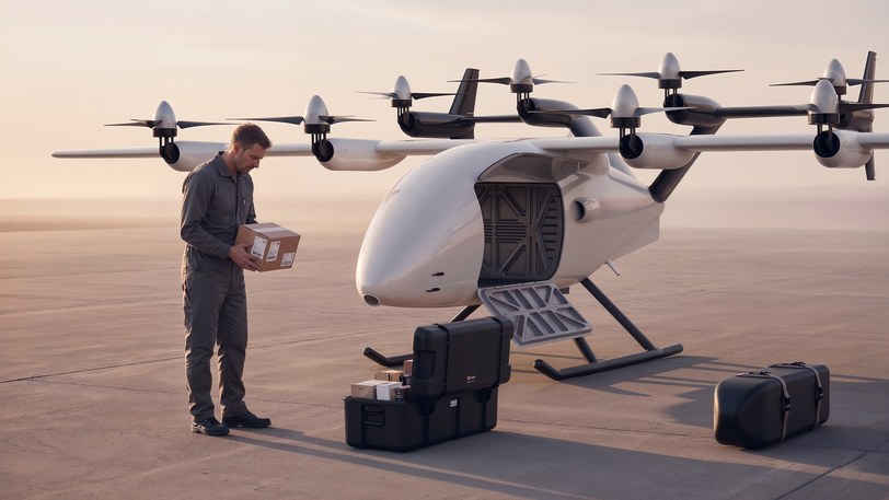 Render of the uncrewed cargo aircraft on an apron at dusk with its bay open, a crew member carrying a parcel, transport cases on the ground