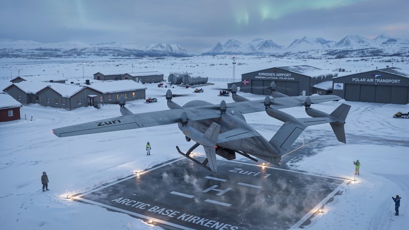 Render of the uncrewed cargo aircraft on a snow-covered pad marked Arctic Base Kirkenes, hangars and ground crew behind it, aurora overhead