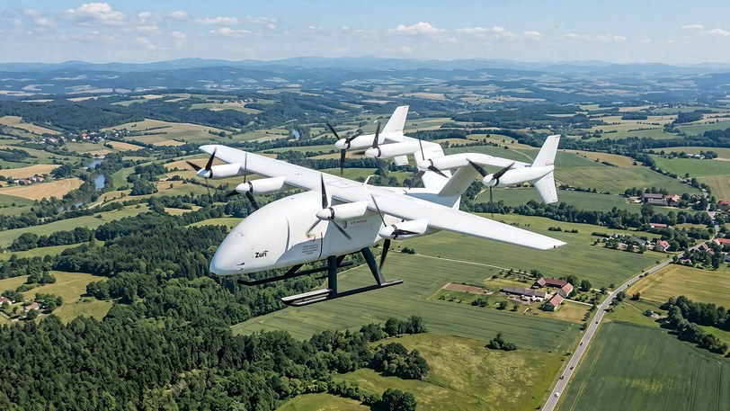 Render of the uncrewed cargo aircraft in wing-borne cruise above a river valley of fields, woodland and scattered villages