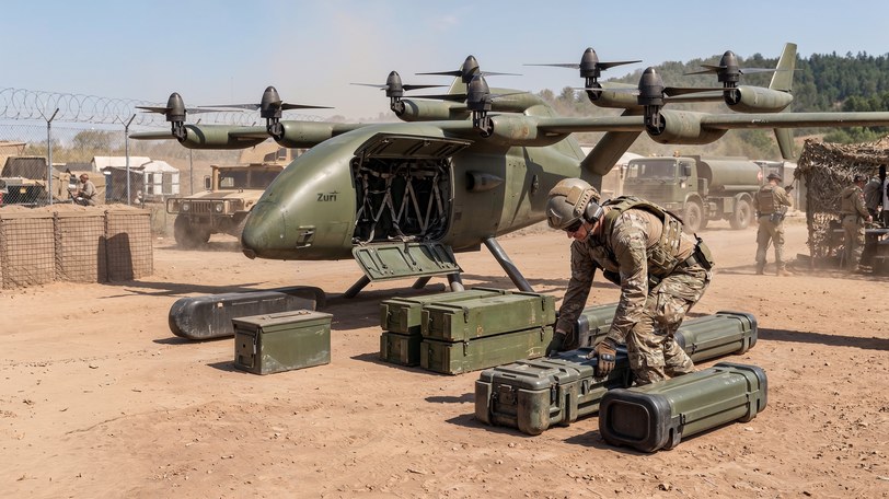Render of the aircraft in olive defense livery with its cargo bay open at a desert base, a soldier loading equipment cases, razor wire and trucks behind