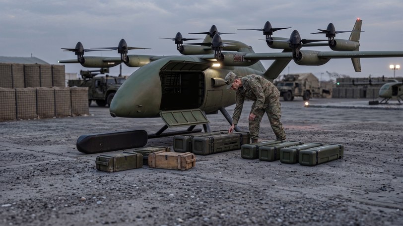 Render of the aircraft in olive defense livery on the ground at a forward base, a soldier lifting ammunition crates beside it, blast barriers and vehicles behind