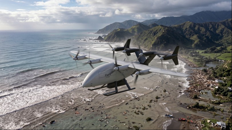 Render of the uncrewed cargo aircraft flying low along a steep rugged coastline, surf breaking on the beach below