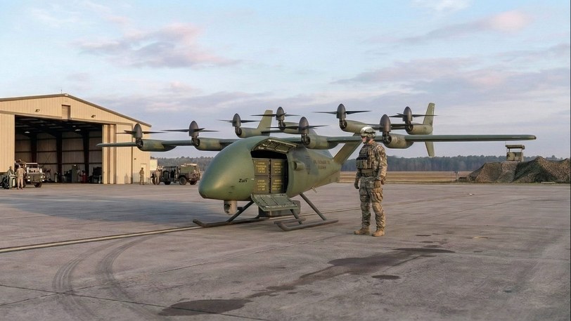 Render of the uncrewed cargo aircraft in defense livery at dusk