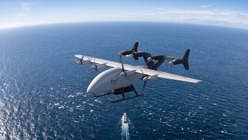 Render of the uncrewed cargo aircraft high above deep open water, a small vessel and its wake far below