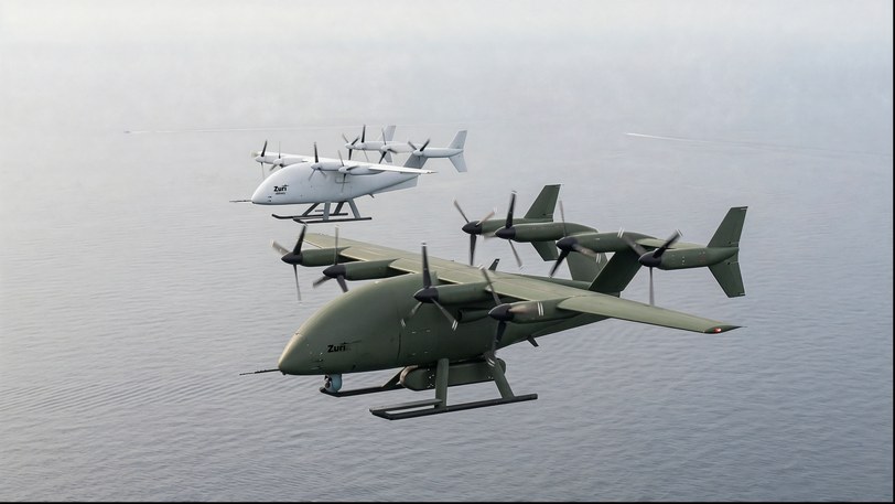Render of two uncrewed cargo aircraft over calm sea, the white civil one above and the olive defense one below, the same airframe in two liveries