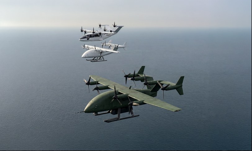 Render of three Zuri aircraft in formation above open sea: the six-seat passenger aircraft highest, the white uncrewed cargo aircraft below it, and the olive defense variant leading, nose probe forward