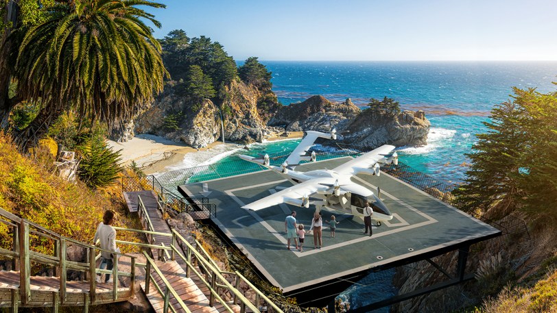 Render of the six-seat aircraft on a clifftop landing pad above a turquoise cove, a family waiting beside it