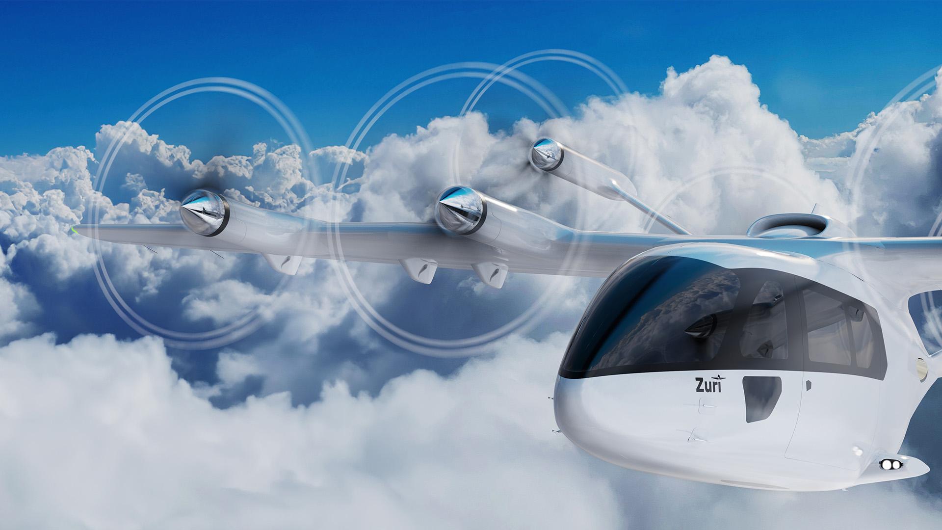 Image of Zuri Hybrid VTOL in forward flight above the clouds, representing its redundant fly-by-wire control system, AI-assisted autopilot, and onboard computer vision for enhanced safety and situational awareness.