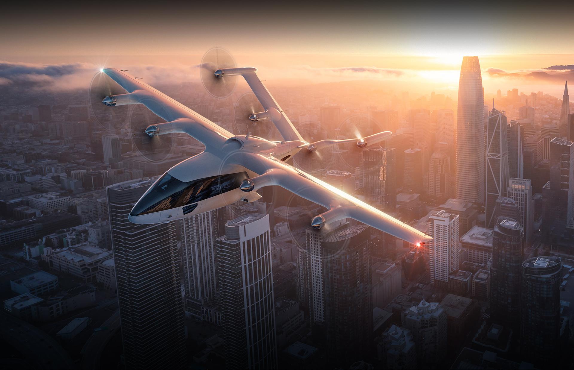 Zuri Hybrid VTOL aircraft in forward flight above a modern city skyline at sunrise, representing sustainable air mobility and the future of urban transportation.