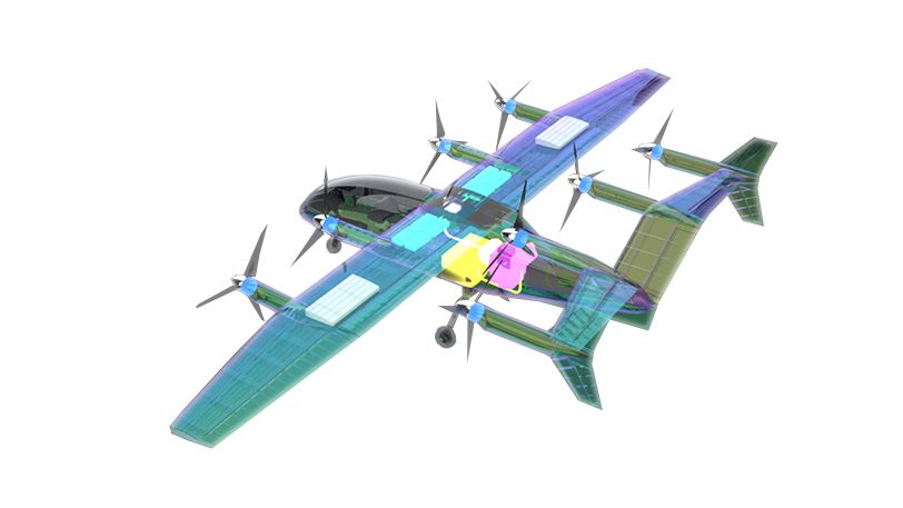 Transparent model showing TD 2.0’s hybrid-electric propulsion components and structural layout.