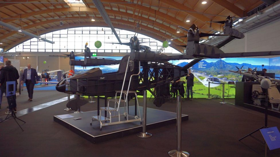 Zuri Hybrid VTOL Skeleton ground testbed on display at Aero Friedrichshafen 2024, showcasing development progress and attracting global media attention.