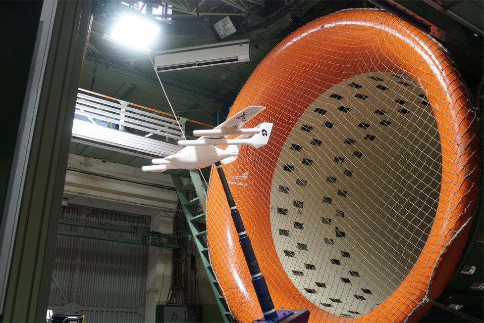 3D-printed Zuri Hybrid VTOL scale model during wind tunnel testing at Czech Aerospace Research Centre in 2019, used to validate aerodynamic performance