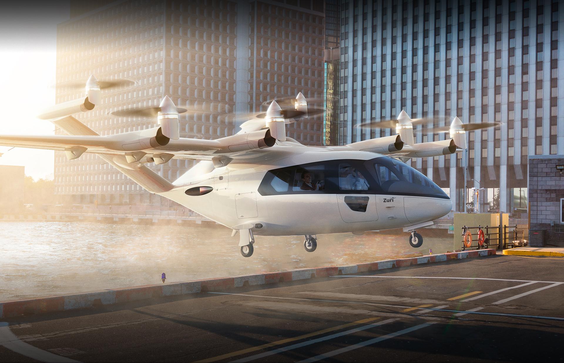 Zuri Hybrid VTOL aircraft hovering above a city waterfront landing zone with passengers onboard, illustrating urban air mobility and real-world infrastructure integration.