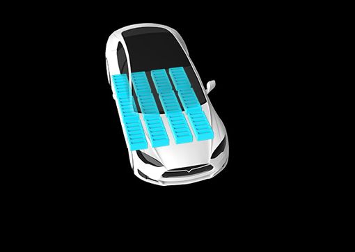 Illustration of an electric car with visible battery pack layout showing 75–100 kWh energy storage.