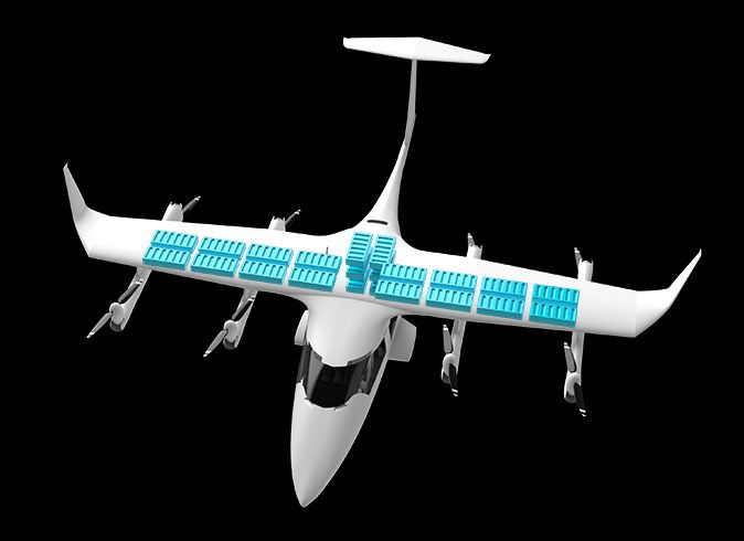 Concept image of a fully electric VTOL aircraft with highlighted battery cells representing 200–300 kWh capacity.