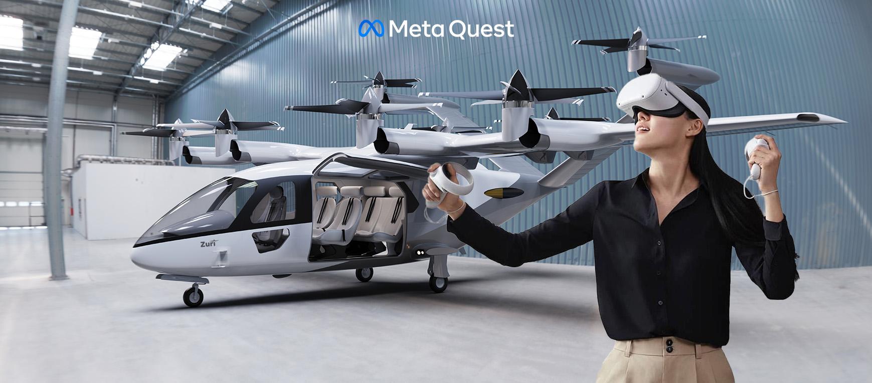 Woman using Meta Quest VR headset to experience the interior and flight simulation of Zuri 2.0 hybrid VTOL aircraft inside a hangar.