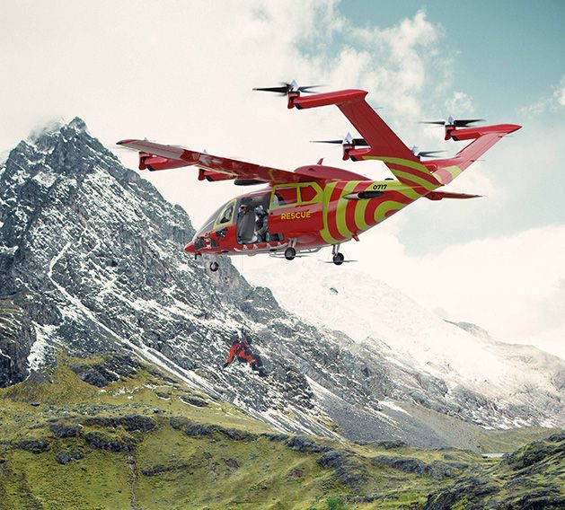 Zuri hybrid VTOL aircraft performing a mountain rescue mission with a person being lifted by winch.