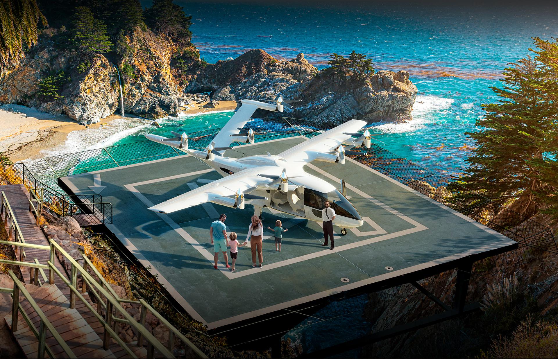 Zuri Hybrid VTOL aircraft landing at a beach resort helipad, as a family arrives for vacation. A real-world example of regional air mobility and sustainable travel.