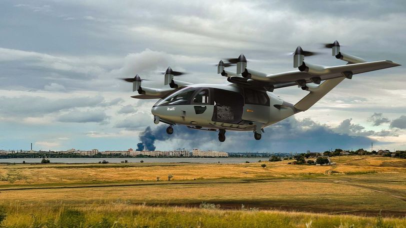 Zuri Hybrid VTOL approaching landing near an urban area, designed for fast and flexible personnel transport in critical missions with vertical access and regional range.