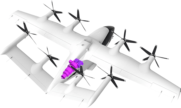 Image showing the onboard turbine generator system of a hybrid VTOL aircraft, which supplies electric energy for propulsion and extends flight range beyond conventional eVTOLs.