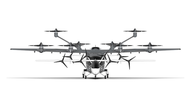 Front view comparing the size of the TD 2.0 and the future five-seat hybrid VTOL aircraft.