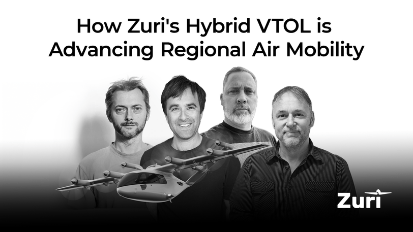 Zuri leadership team with hybrid VTOL aircraft discussing the future of regional air mobility